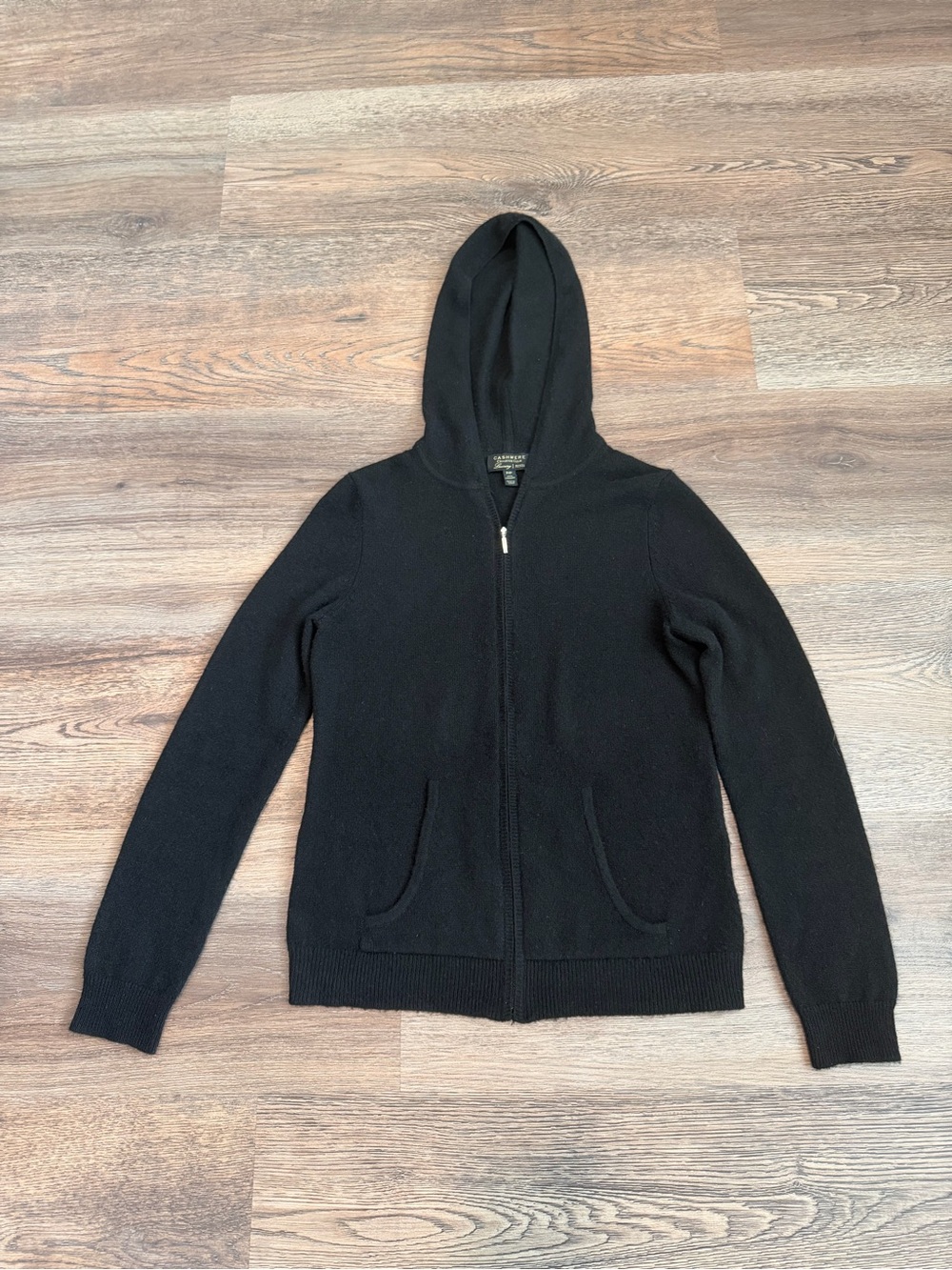 Charter Club 100% Cashmere Full Zip Hooded Sweater Black Petite Small